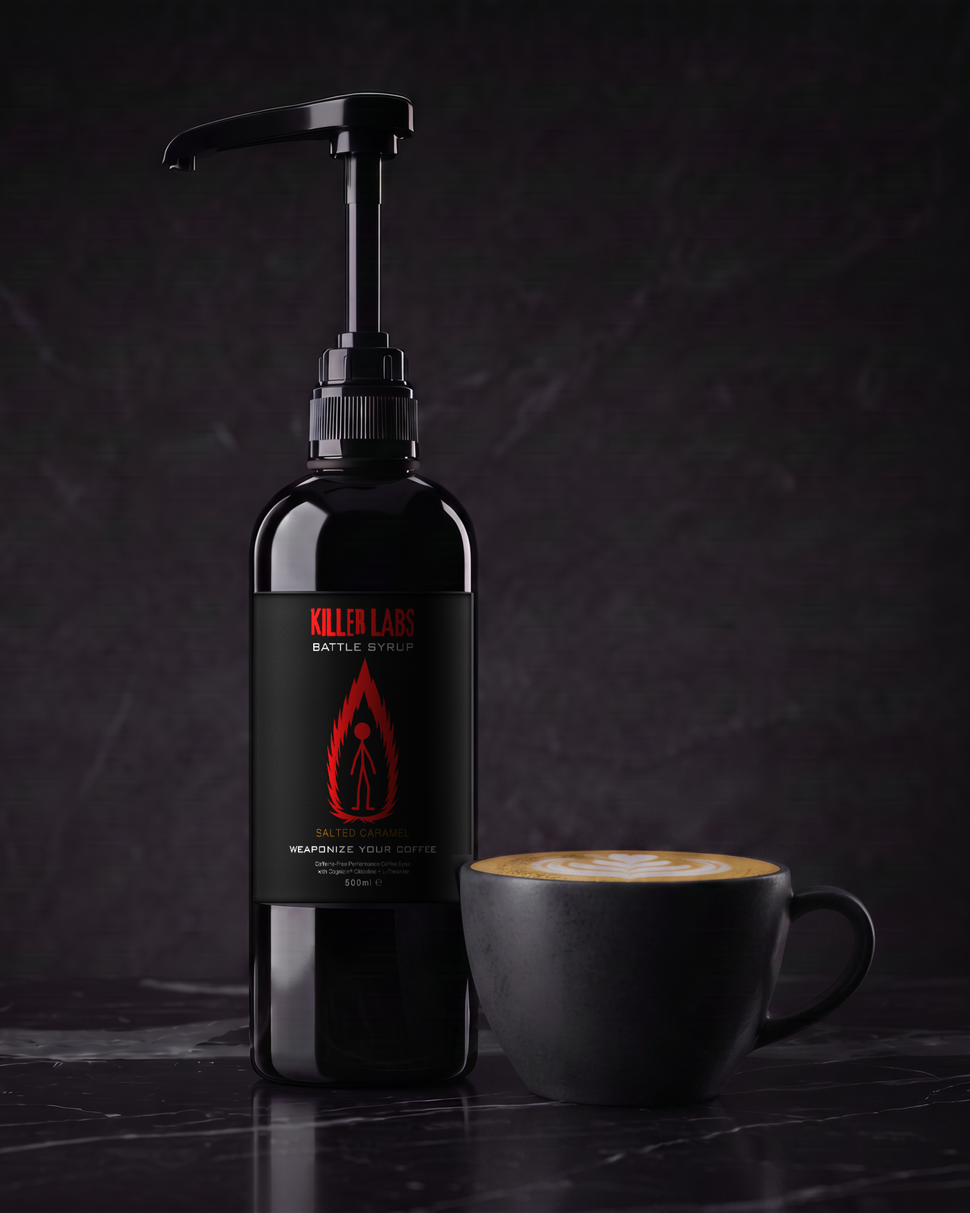 Battle Syrup 500ml bottle beside a flat white on dark marble