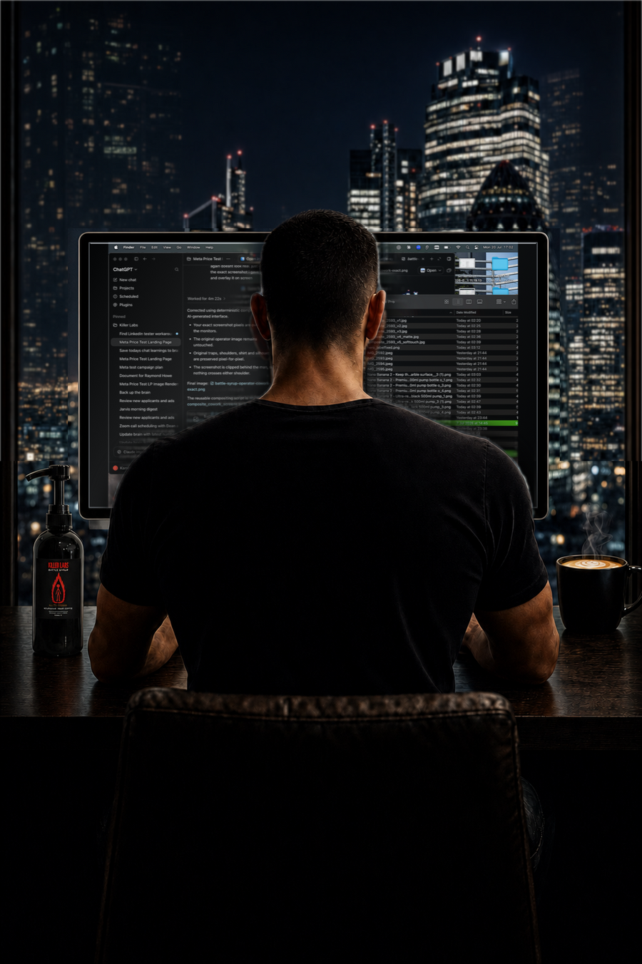 Operator working at a desk above the London skyline at night